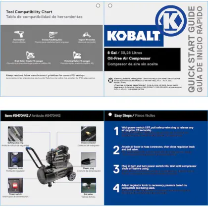 Kobalt 8-Gallon Portable Electric 150 PSI Horizontal Air Compressor mannual